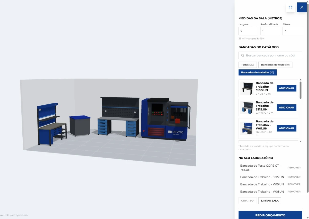 Laboratório montado em 3D no site da Devoc, com bancadas de teste e de trabalho